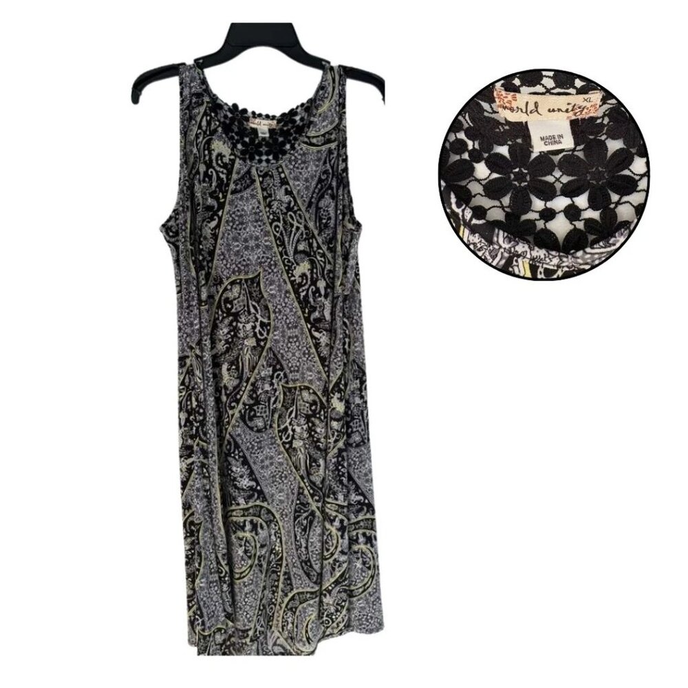 Black White Paisley Beaded Shift Dress XL